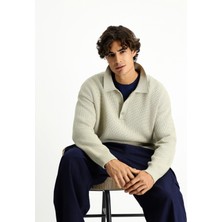 Polo Yaka Oversize Ekstra Rahat Kesim Desenli Triko Kazak