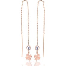 Midyat Gümüş Dünyası Zincirli Yonca Küpe - 925 Ayar Gümüş Üzeri Rose Kaplama