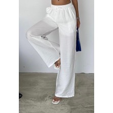 Kadın Beyaz Bol Paça Rahat Pantolon – Yazlık Elastik Bel Astarlı