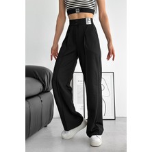 Kadın Yüksek Bel Siyah Pantolon – Mesaj Detaylı Sokak Stili