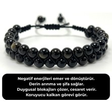 Sertifikalı Obsidyen Çift Sıra Doğal Taş Makrome Bileklik Ayarlanabilir Ölçü