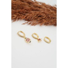 By Zeyna Aksesuar Kadın Kararmaz  Altın Kaplama Vintage 3'lü Zirkon Set Küpe
