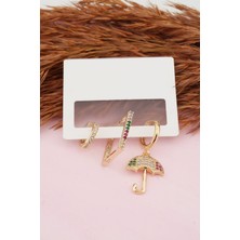 By Zeyna Aksesuar Kadın Kararmaz  Altın Kaplama Şemsiye Figürlü 3'lü  Zirkon Set Küpe