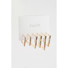 By Zeyna Aksesuar Kadın Kararmaz Altın Kaplama Renkli Zirkon Işleme 6 Lı Küpe Set