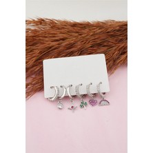 By Zeyna Aksesuar Kadın Altın Kaplama Kararmaz Zirkon Taşlı Yonca ve Kalp Detaylı 6'lı Küpe Set