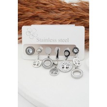 By Zeyna Aksesuar Kadın Kararmaz 6'lı  Hayat Ağacı Detaylı Çelik  Set Küpe