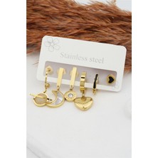 By Zeyna Aksesuar Kadın Kararmaz 6'lı Kalp Figürlü Çelik  Set Küpe