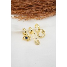 By Zeyna Aksesuar  Kadın Zirkon Taşlı Çengelli Iğne ve Göz Figürlü 3'lü Küpe Seti