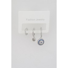 By Zeyna Aksesuar Kadın Altın Kaplama Zirkon Taşlı Nazar Figürlü 3'lü Küpe Seti