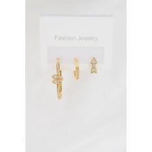 By Zeyna Aksesuar Kadın Altın Kaplama Zirkon Taşlı Yılan Model ve Kıkırdak Ok 3'lü Küpe Set