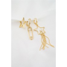 By Zeyna Aksesuar Kadın Altın Kaplama Zirkon Taşlı Yıldız Model ve Zincirli 3'lü Küpe Set