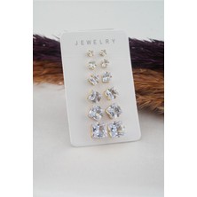 By Zeyna Aksesuar Kadın 6 Boy 12 Adet Kare Zirkon Taşlı Küpe Seti