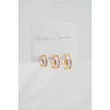 By Zeyna Aksesuar Kadın Altın Kaplama Baget Zirkon Taşlı Figürlü 3 Boy Küpe Seti