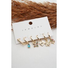 By Zeyna Aksesuar  Kadın Altın Kaplama Renkli Kelebek ve Yonca Figürlü 6'lı Set Küpe