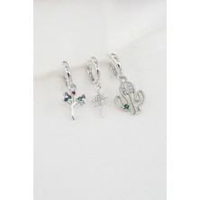 By Zeyna Aksesuar  Kadın Zirkon Taşlı Kaktüs Figürlü 3'lü Küpe Seti