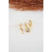 By Zeyna Aksesuar  Kadın Zirkon Taşlı Yunus Balığı Figürlü 3'lü Küpe Seti