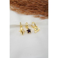 By Zeyna Aksesuar  Kadın Zirkon Taşlı Kuzey Yıldızı ve Palmiye Figürlü 3'lü Küpe Seti