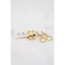 By Zeyna Aksesuar Kadın Altın Kaplama Kare Figürlü Zirkon Taşlı 6'lı Küpe Set