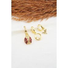 By Zeyna Aksesuar  Kadın Zirkon Taşlı Mineli Uğur Böcek Figürlü 3'lü Küpe Seti