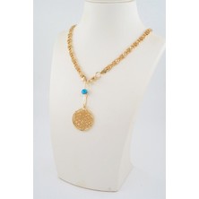 By Zeyna Aksesuar Kadın Özel Tasarım Ezme Zincir Mavi Boncuklu Madalyon Kolye