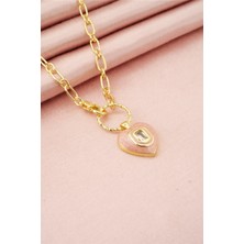 By Zeyna Aksesuar Kadın Özel Tasarım Pembe Mineli Kilit Figürlü Kolye