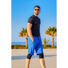Saks Mavi Erkek Tesettür Yüzme Şortu - Iç Taytlı, UPF50+ Korumalı S2505-2