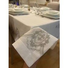 Zeren Home Gri Nakış Işleme Detaylı Dertsiz Masa Örtüsü Kırık Beyaz + 12 Beyaz Peçete
