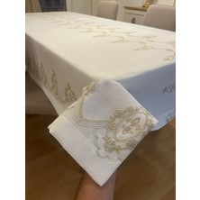 Zeren Home Simli Gold Nakış Işleme Detaylı Dertsiz Masa Örtüsü Kırık Beyaz