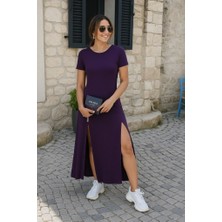 Arben Boutique Kadın Kısa Kollu Sırt Dekolteli Yırtmaç Detaylı Viskon Elbise