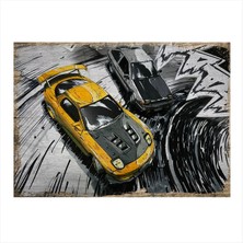 Bedeko Sarı Spor Araba Modern Ahşap Tablo 50 cm x 70 cm