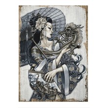 Bedeko Ejderhalı Japon Samuray Modern Ahşap Tablo