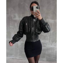 Beli Büzgülü Crop Deri Ceket Siyah