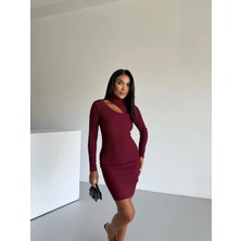 Kadın Bordo Boğazlı Uzun Kollu Ottoman Kumaş Elbise HZL25S-FRY123331