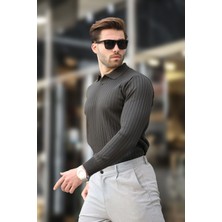 Antrasit Polo Yaka Çizgili Uzun Kollu Kazak 7239