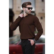 Acı Kahverengi Polo Yaka Çizgili Uzun Kollu Kazak 7239