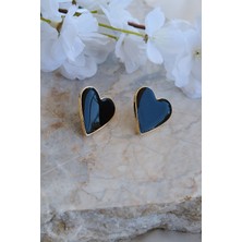 Altın Kaplama Siyah Mineli Kalp Küpe