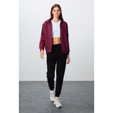 Tommy Life Erguvan-Siyah Pamuklu Kalın Kapüşonlu Oversize Fit Kadın Eşofman Takım - 95343