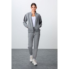 Tommy Life Gri Melanj Kompakt Pamuklu Kalın Pürüzsüz Dokulu Kapüşonlu Oversize Fit Kadın Eşofman Takım - 95343