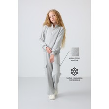 Tommy Life Gri Melanj Pamuklu İçi Tüylü Yumuşak Dokulu Standart Fit Nakışlı Kız Çocuk Eşofman Takım - 75159