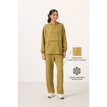 Koyu Hardal Yumuşak Dokulu Kapüşonlu Oversize Kadın Eşofman Tunik Takım - 95348