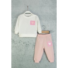 Kız Bebek Kalpli Eşofman Takım Desenli Sweatshirt ve Beli Lastikli Alt