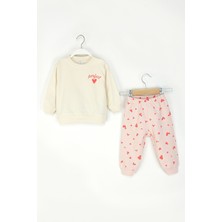 Kız Bebek Kalpli Takım Uzun Kollu Sweatshirt ve Desenli Alt-Üst Takım