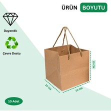 Kraft Karton Pasta Çanta, 10'lu Paket - Kare Taban, Körüklü, Ipli Hediye Taşıma Çantası, 10X10X10 cm