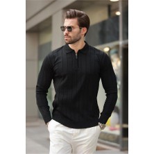 Erkek Slim Fit Polo Yaka Fermuarlı Fitilli Triko Kazak - 4001