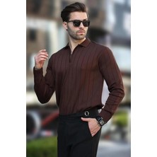 Erkek Slim Fit Polo Yaka Fermuarlı Fitilli Triko Kazak - 4001