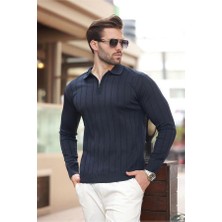 Erkek Slim Fit Polo Yaka Fermuarlı Fitilli Triko Kazak - 4001