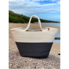 MaVaux Jüt Hasır Görünümlü Vegan Plaj Çantası Krem - Siyah Renk Modern