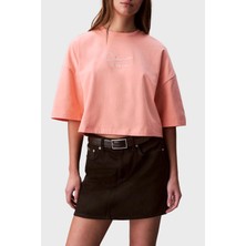 Kadın Cropped Boxy Fit Logolu T-Shirt - Mercan