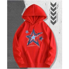 Yıldız Kot Hoodie Baskılı Kapüşonlu Cepli Içi Yünlü Kırmızı Sweatshirt