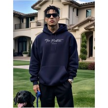 The Boston Est Baskılı Kapüşonlu Cepli Içi Yünlü Lacivert Sweatshirt
